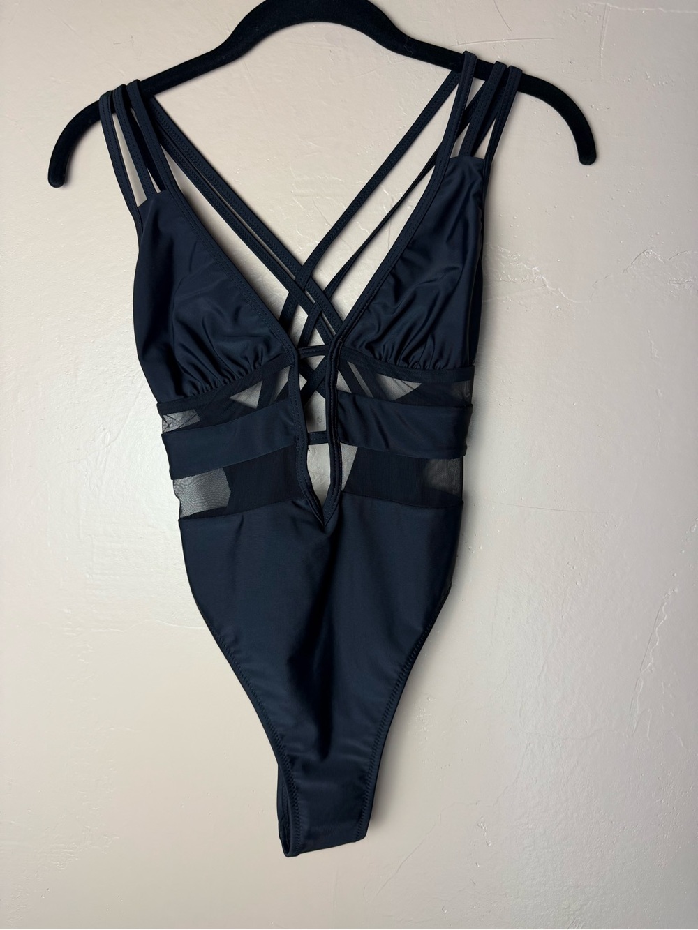 ⁠Black Multi-Strap Criss Cross Cut Out Sheer Mesh Monokini One Piece Swimsuit M